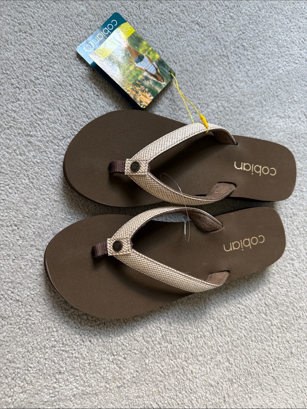 Cobian Brown Flip Flops with Beige Textured Straps Size 7